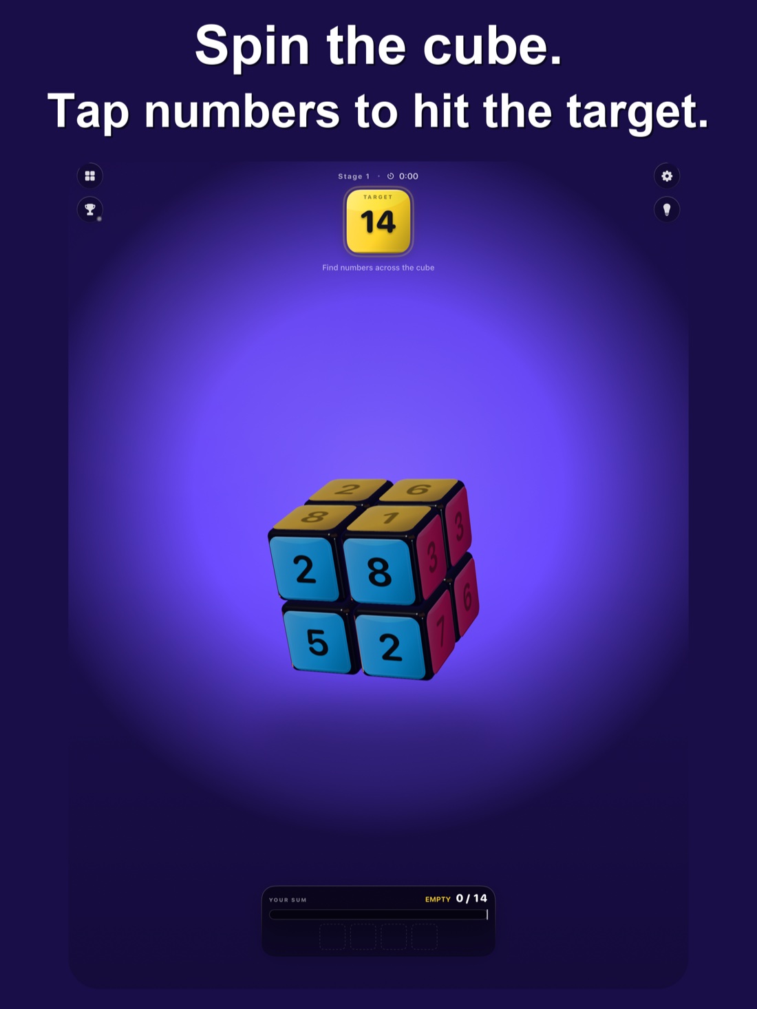 Twist Tally on iPad, showing a target of 14 and a colorful number cube.